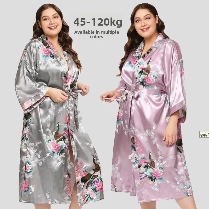 plus Size 200 Pounds Silk Robe Sleepwear Summer Printed Japanese Style Homestay Polyester Nylon Composite Fiber Women's Coat
