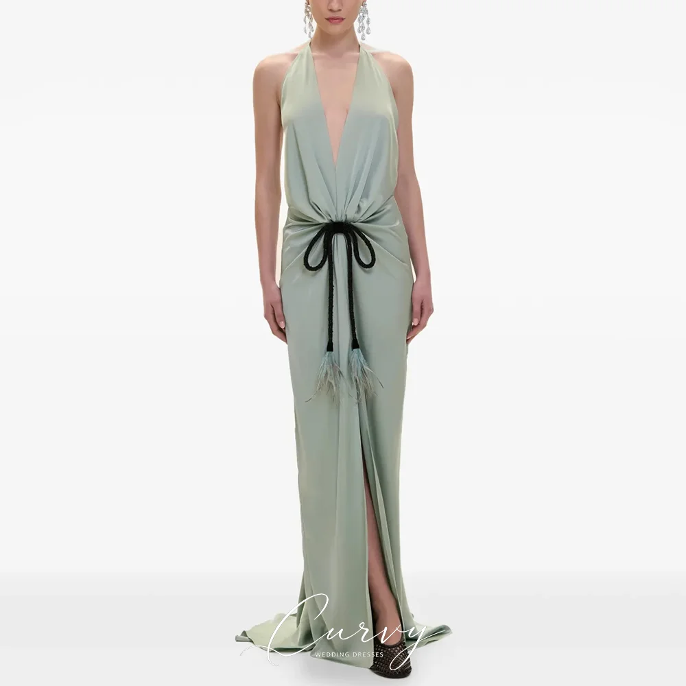 Curvy Fresh Delicate Sage Green Sheath Halter Evening Dresses for Women Vestido Corto Satin Formal Gown Open Back Customized