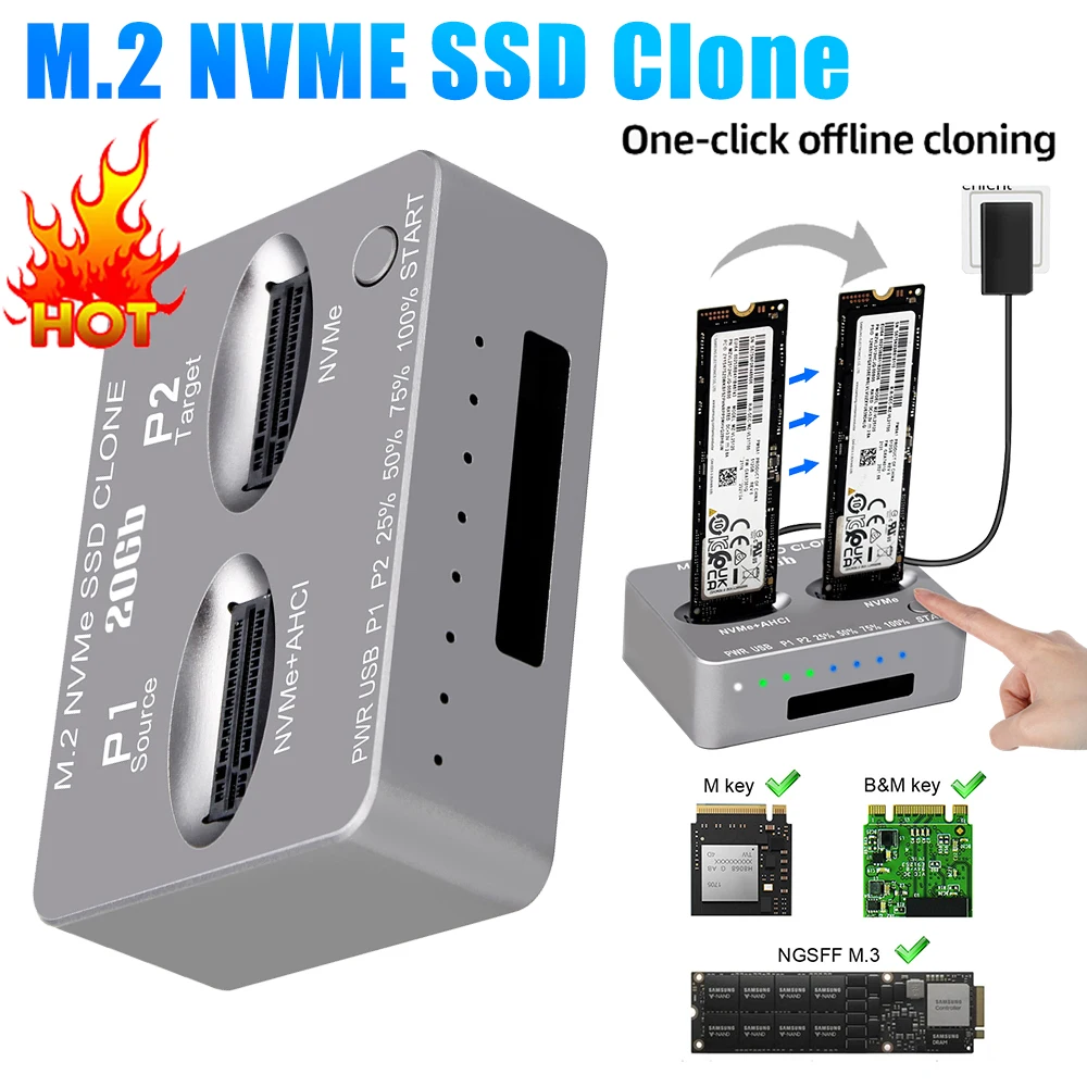 Dual-Bay M.2 NVME SSD Clone USB3.2 Type C External Hard Disk Box Gen2X 20Gbps M.2 SSD Enclosure M/B M Key for M2 SSD M Key SSD