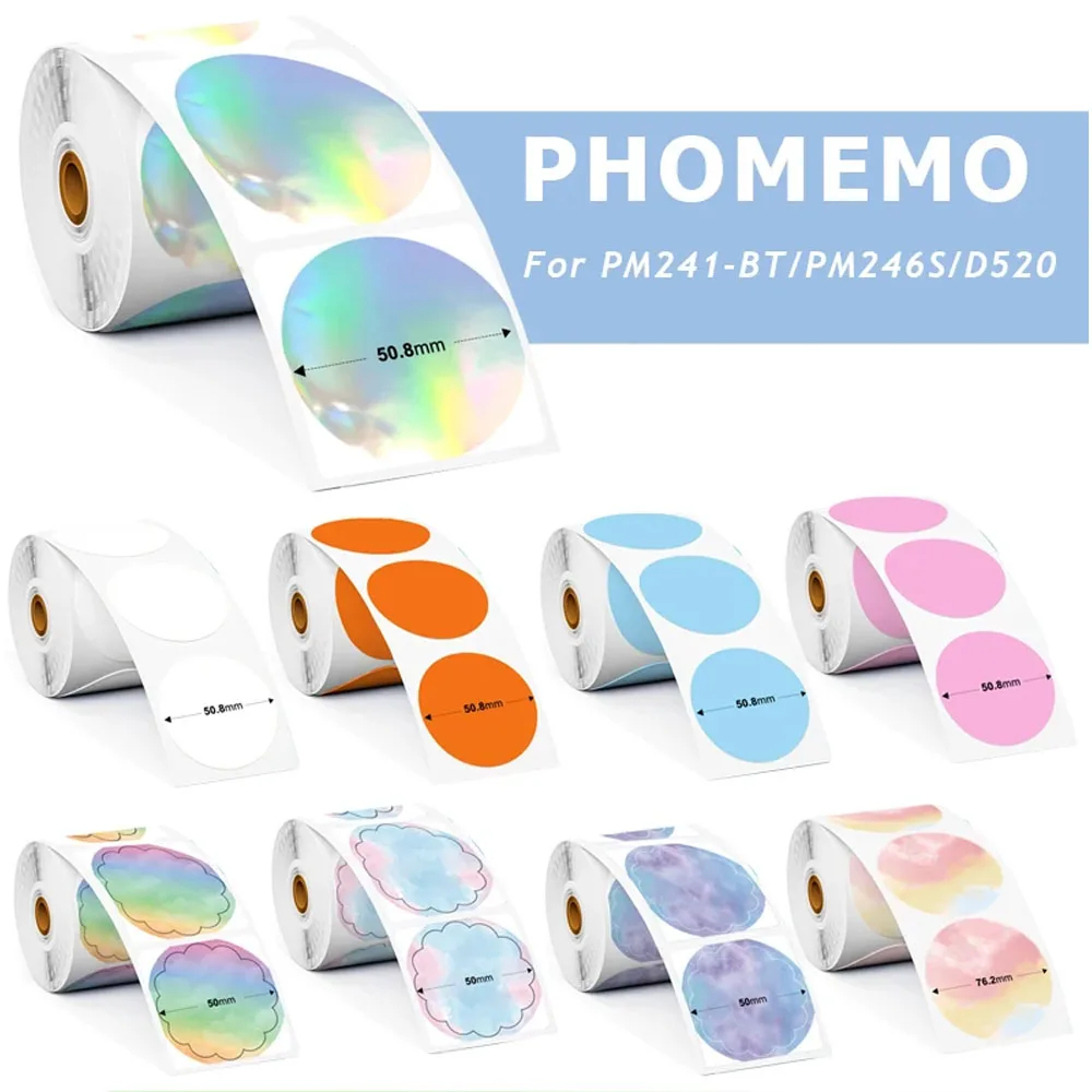 Phomemo Self-Adhesive Thermal Printing Paper for PM-241BT PM246S D520 Printer Round/Square Labels Rainbow Color DIY Logo Design