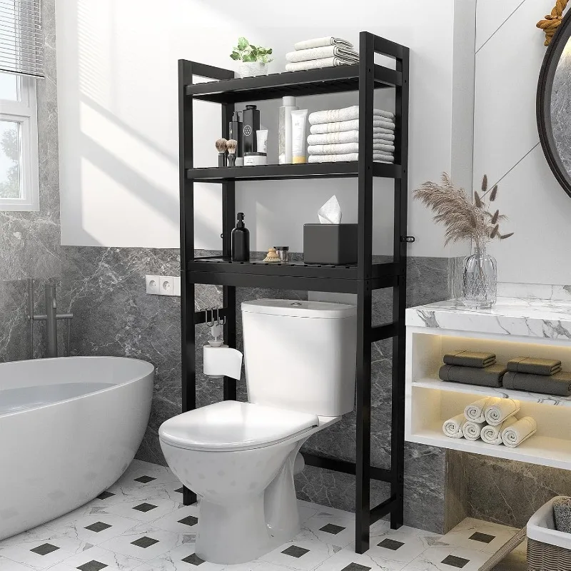 3-Tier Above Toilet Storage Organizer Rack with 3 Hooks, Freestanding Bathroom Tow