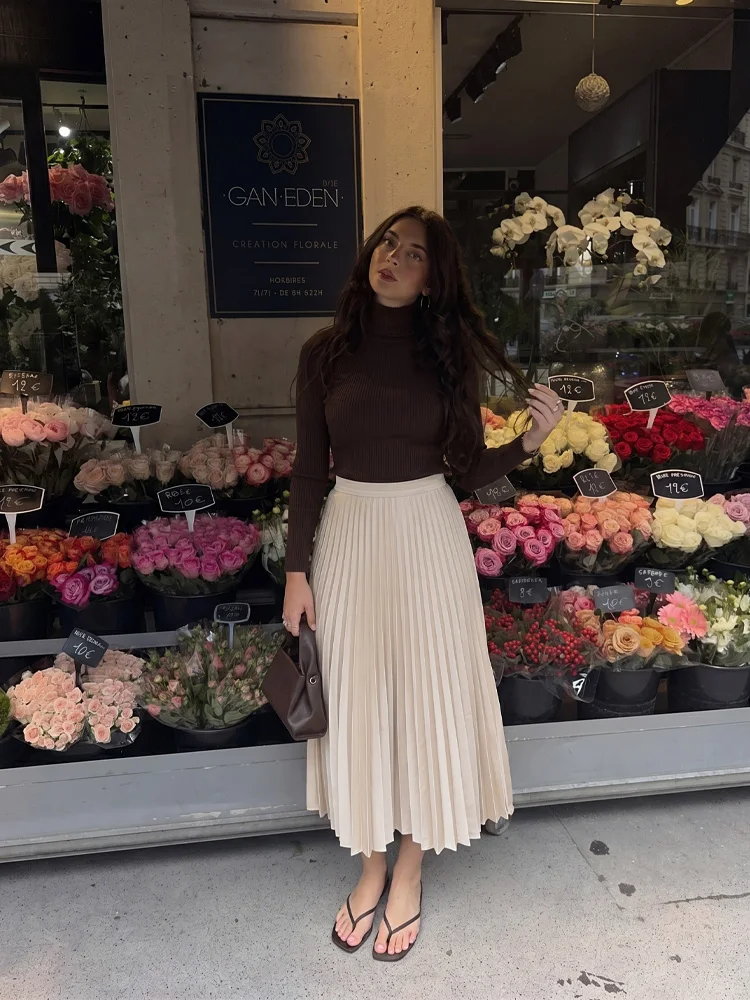 HH Women Fashion Beige A Line Midi Skirt Elegant High Waist Satin Pleated Skirt 2026 Summer New Casual Beach Party Skirt