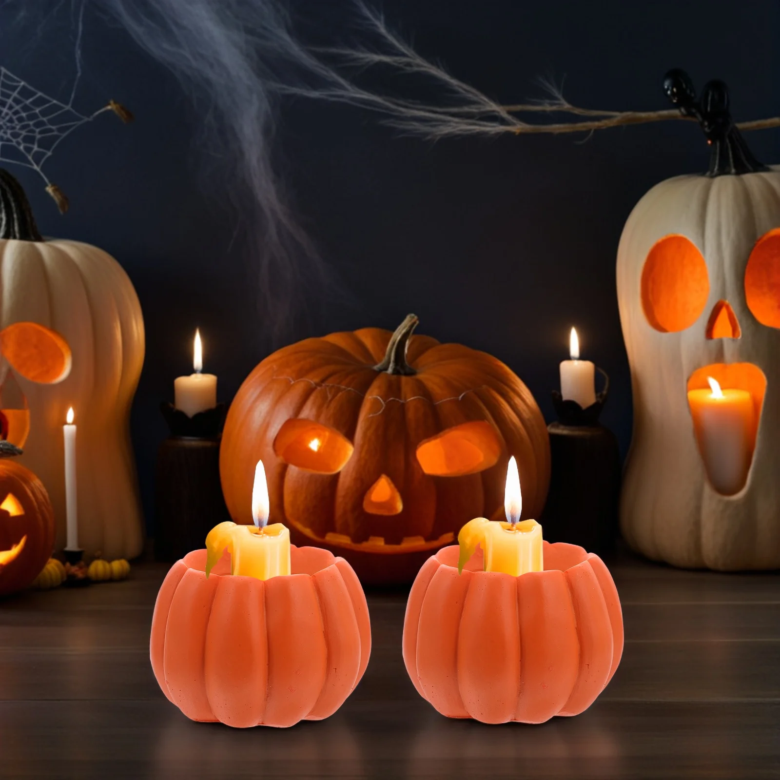 

2pcs Pumpkin Holders Resin Decorative Candlestick Holders For Taper Tealight Pillar Candles Halloween Party Banquet Table