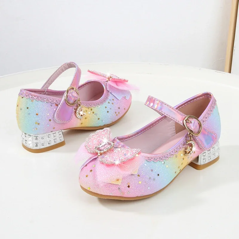 Spring Children High Heels Leather Shoes Fashion Glitter Rainbow Princess Shoes for Girls Kids Party Wedding Dress Single Shoes