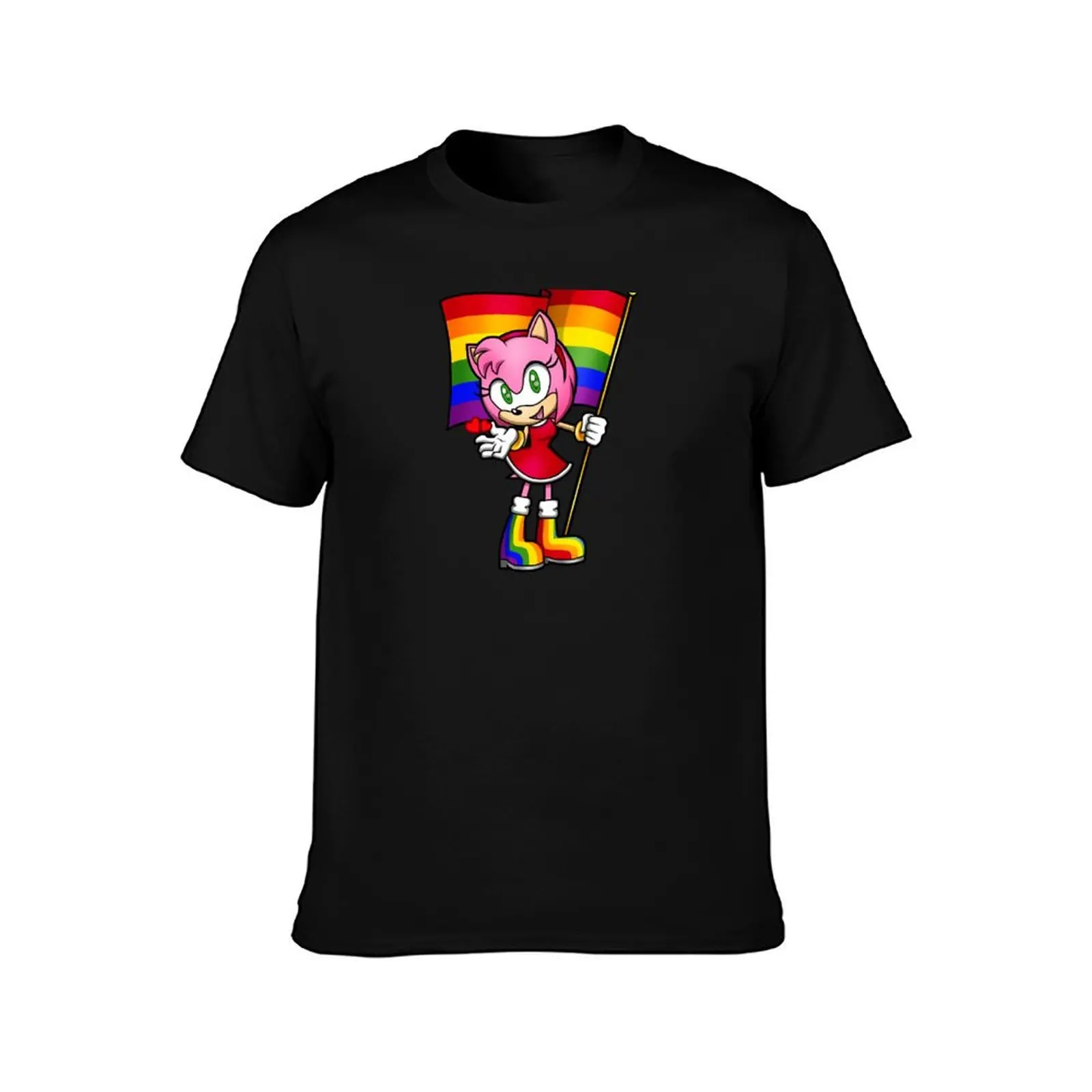 Anthropomorphic Pink Hedgehog Girl LGBT Pride Flag Gay T-Shirt Minimalist Plain Crew Neck T-Shirt