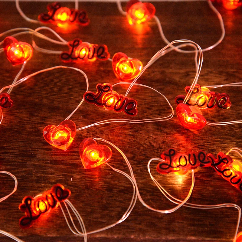 

10/20 Leds Acrylic Love Heart Wedding Ornament Red Heart Fairy Light String Wedding Party Garland Valentines Day Decoration Gift