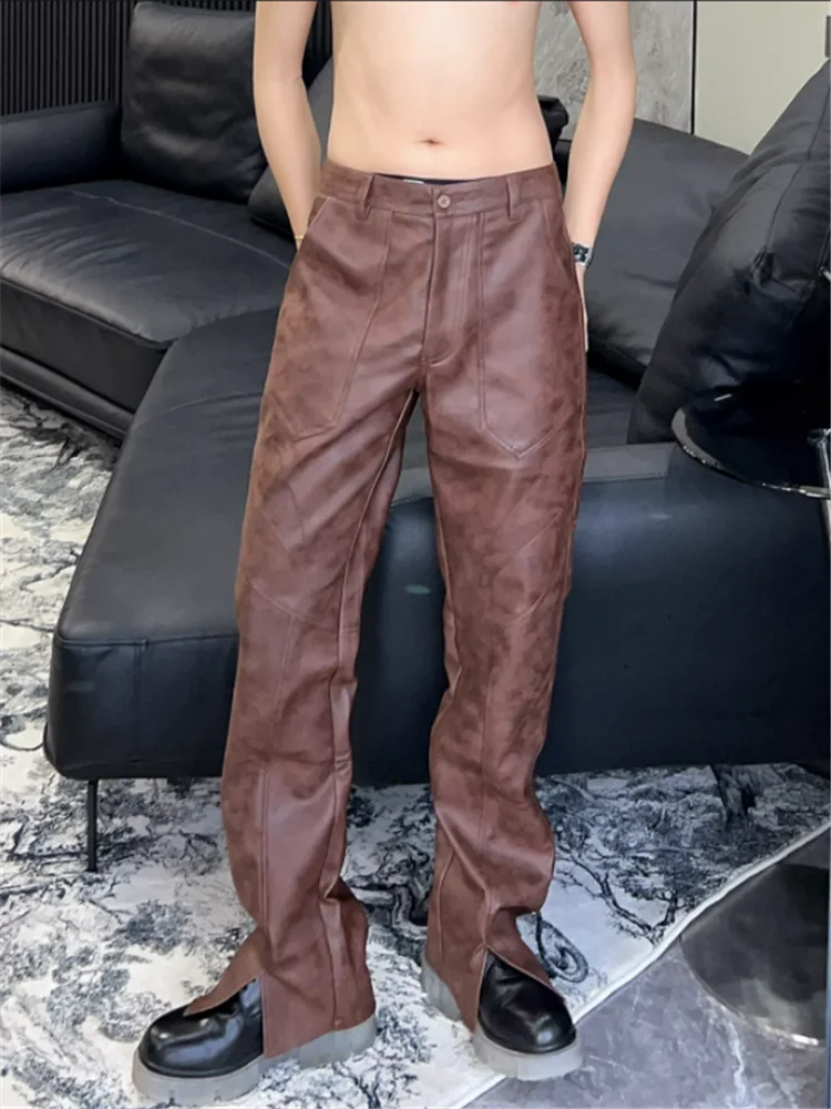 

2023 High waist splicing straight tube slit leather pants men autumn and winter slim show high windproof motorcycle flare pants