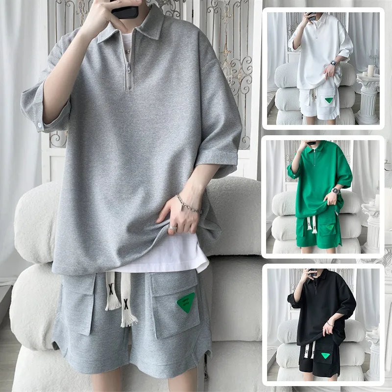 2026 Summer New Waffle Polo Shirt T-shirt for Men Korean Fashion Men's Casual Loose T-shirt and Shorts 2-piece Set Sportswear