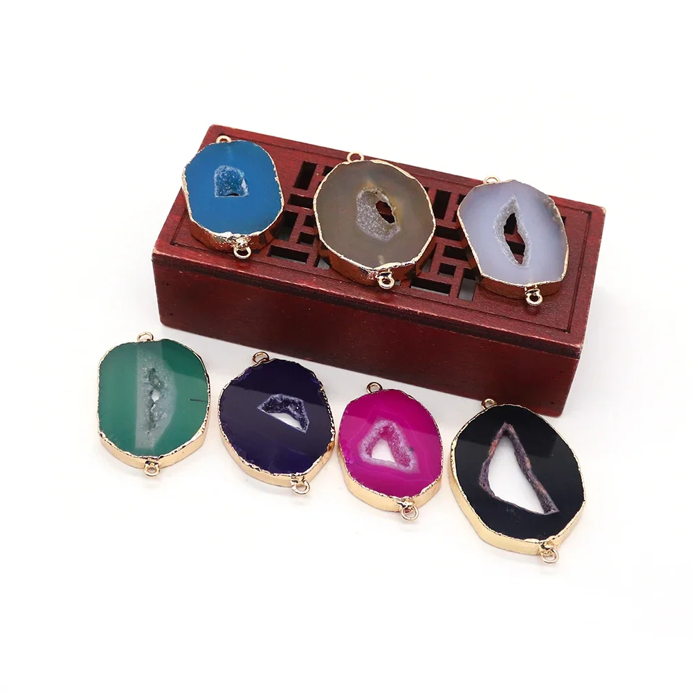 

Classic Creative Natural Stone Raw Stone Cut Colored Agate Slices Double-hole Gold-plated Pendant Necklace Bracelet Accessories