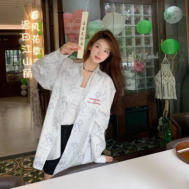 Wit gestreept damesoverhemd in nieuwe stijl Damesontwerp Voel los Casual overhemd met lange mouwen Topjas bedrukking