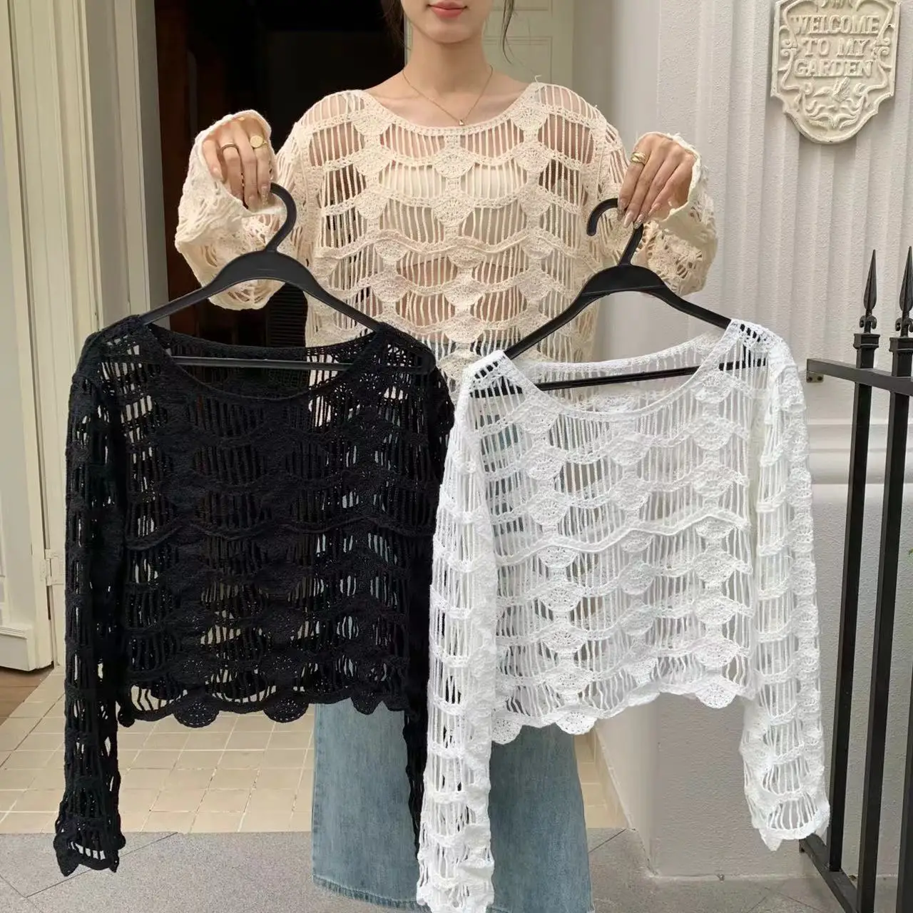 Pull en tricot amissié transparent à manches longues pour femmes, haut au crochet, pull évidé, tenue de plage de vacances Boho, printemps, été