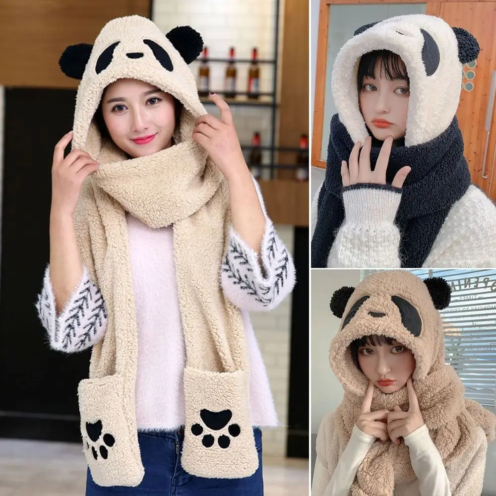 

Solid Color Thickened Plush Hat Scarf Gloves Set Winter Cute Bear Ear Ear Protection Caps Neck Warmer Integrated Cap Scarf Girls