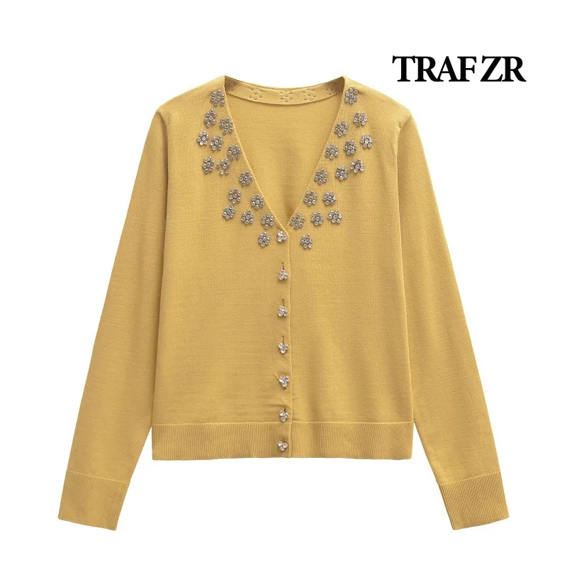 TRAF ZR Yellow Cardigan Ladies Long Sleeve Knitwear Cozy Sweaters Diamond Jewelry V-neck Knit Cardigan Women's Autumn Sweater