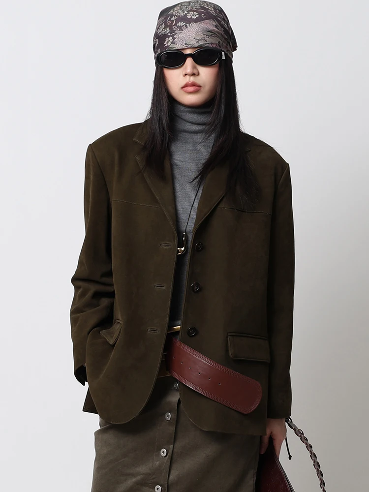 

Vintage Genuine Leather Blazer Jackets for Women High-end Simple Shoulder Pad Design Deer Texture Loose Real Goatskin Coat