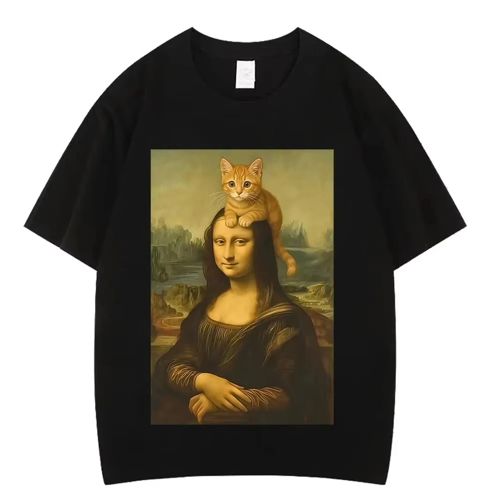 Cat Mona Lisa Funny Meme T-Shirt, Unisex Short Sleeve Pure Cotton Harajuku Loose Aesthetic Trendy Womne and Men T-Shirt Tops