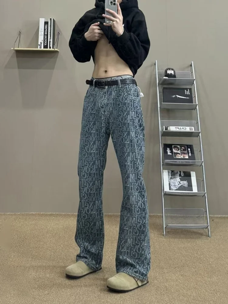 

Светло-голубые прямые джинсы с вышивкой букв, мужские осенне-зимние американские уличные крутые утягивающие брюки-клеш