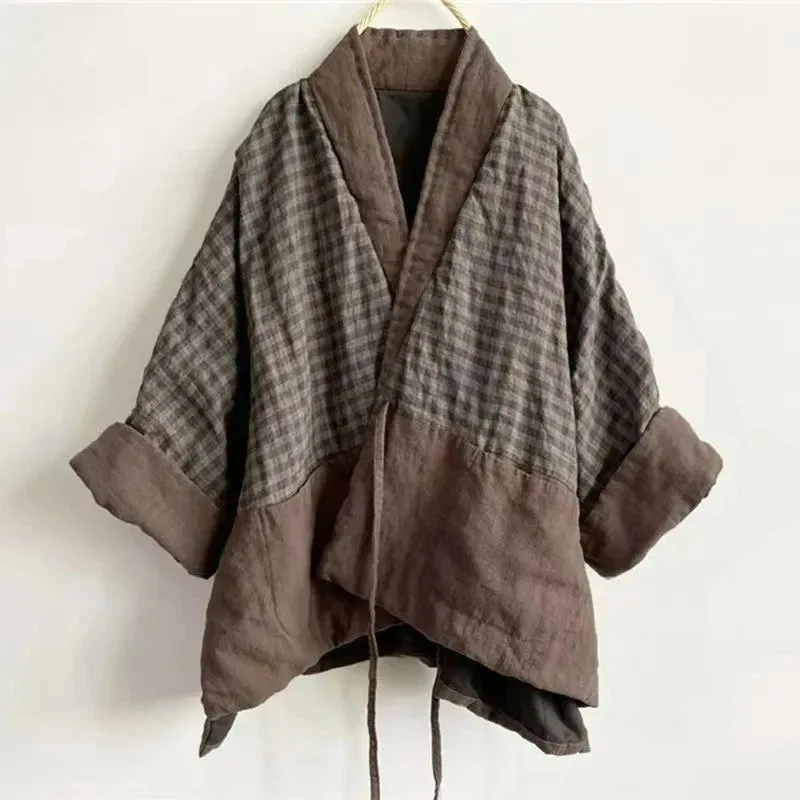 

Autumn New Cotton Linen Checkered Spliced Coat Women Chinese Style Loose Lace-up Retro Womens Jacket Winter Clothes