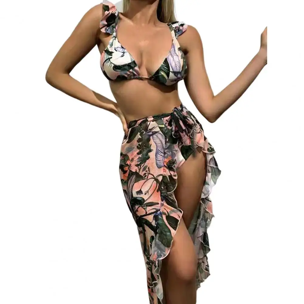 3Pcs/Set Micro Triangle Flying Sleeve Bikini Skirt Set Elastic Waist Floral Printing Bra Thong Ruffle Trim Cover Up for Swimming