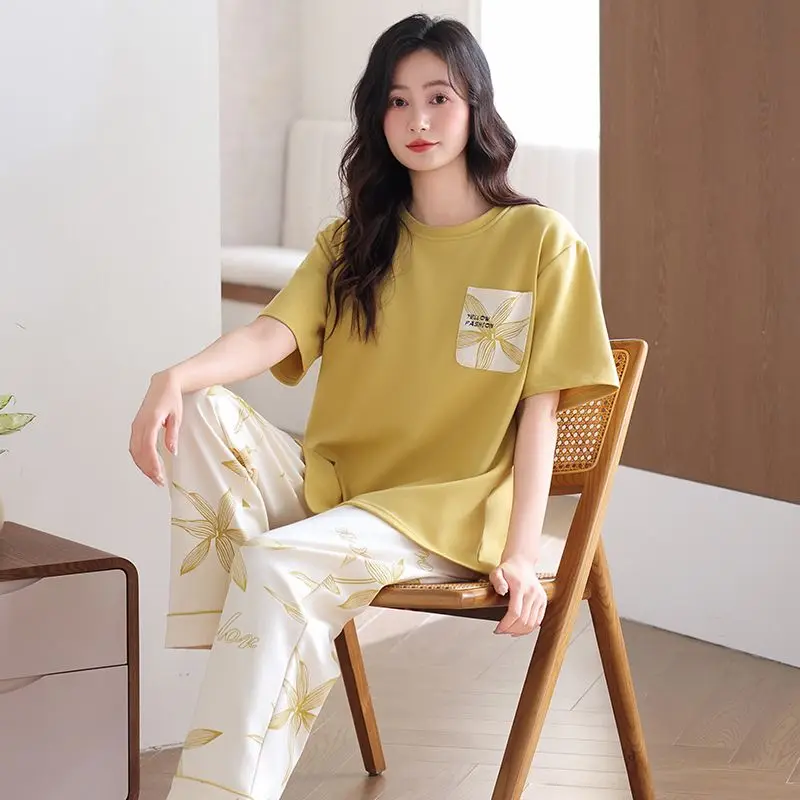 

2026 Summer 100% Cotton Short Sleeve Long Pants Pajama Set for Women Korean Loose Sleepwear Pyjama Homewear Pijama Mujer Clothes