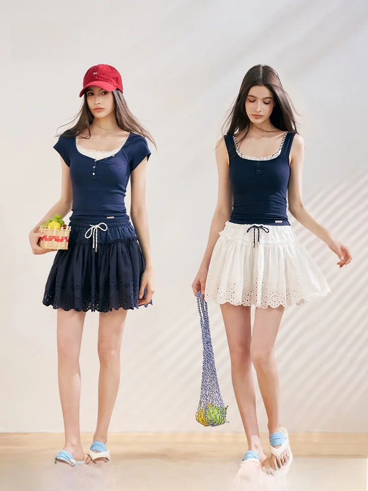 

Юбка Liilou из хлопка с тяжелой вышивкой, А-силуэт, с вырезами, повседневная, в корейском стиле