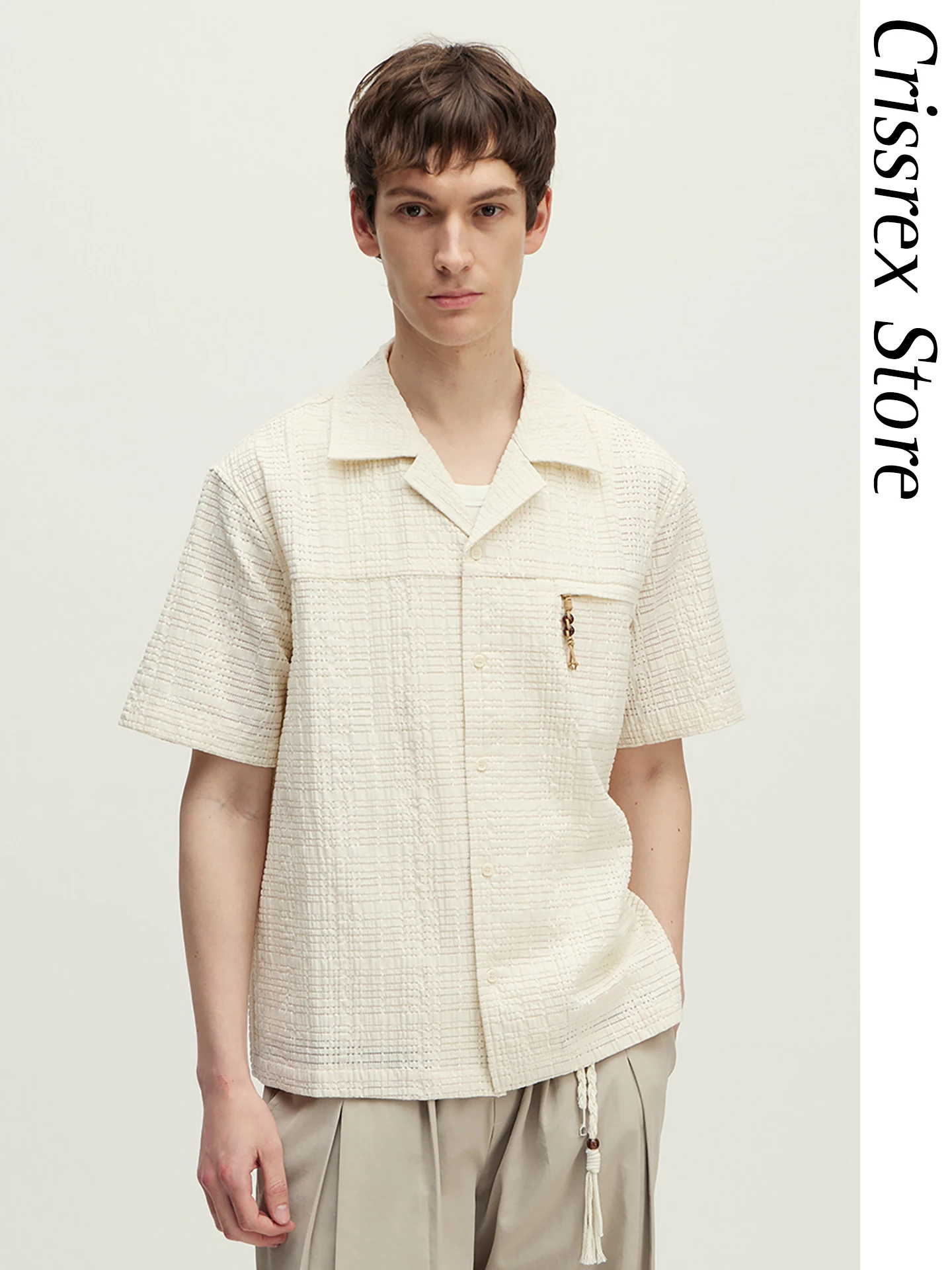 

Whimnotion Crissrex Store Suede Hollow out Cuban Collar Shirt Grid Pattern Short Sleeve Top Breathable Casual Fashion