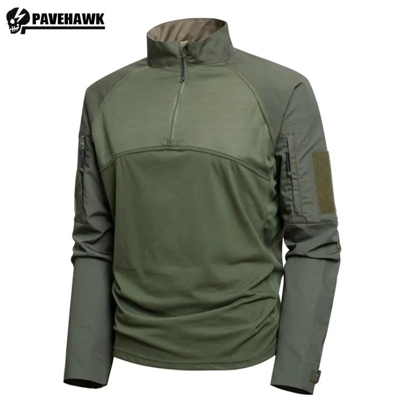 Outdoor Tactical Long Sleeved Mens T-shirt Camouflage Patchwork Half Zipper Training Tops Wear-resisting Multi Pockets Pullover