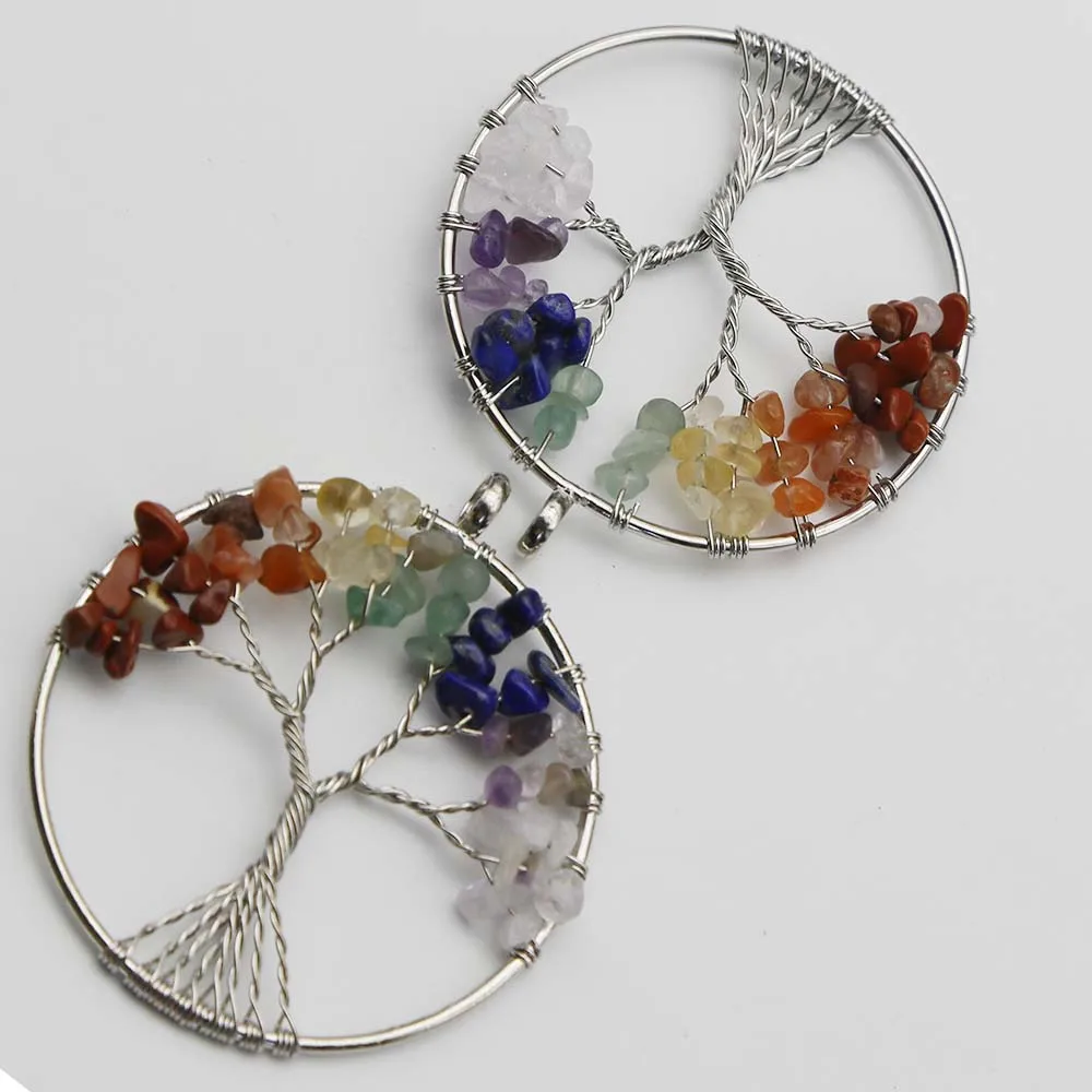 Natural Stone Colorful Fortune Tree Silver Round Pendant Women's Earrings Necklace Making Jewelry Accessories Wholesale 6Pcs/Lot