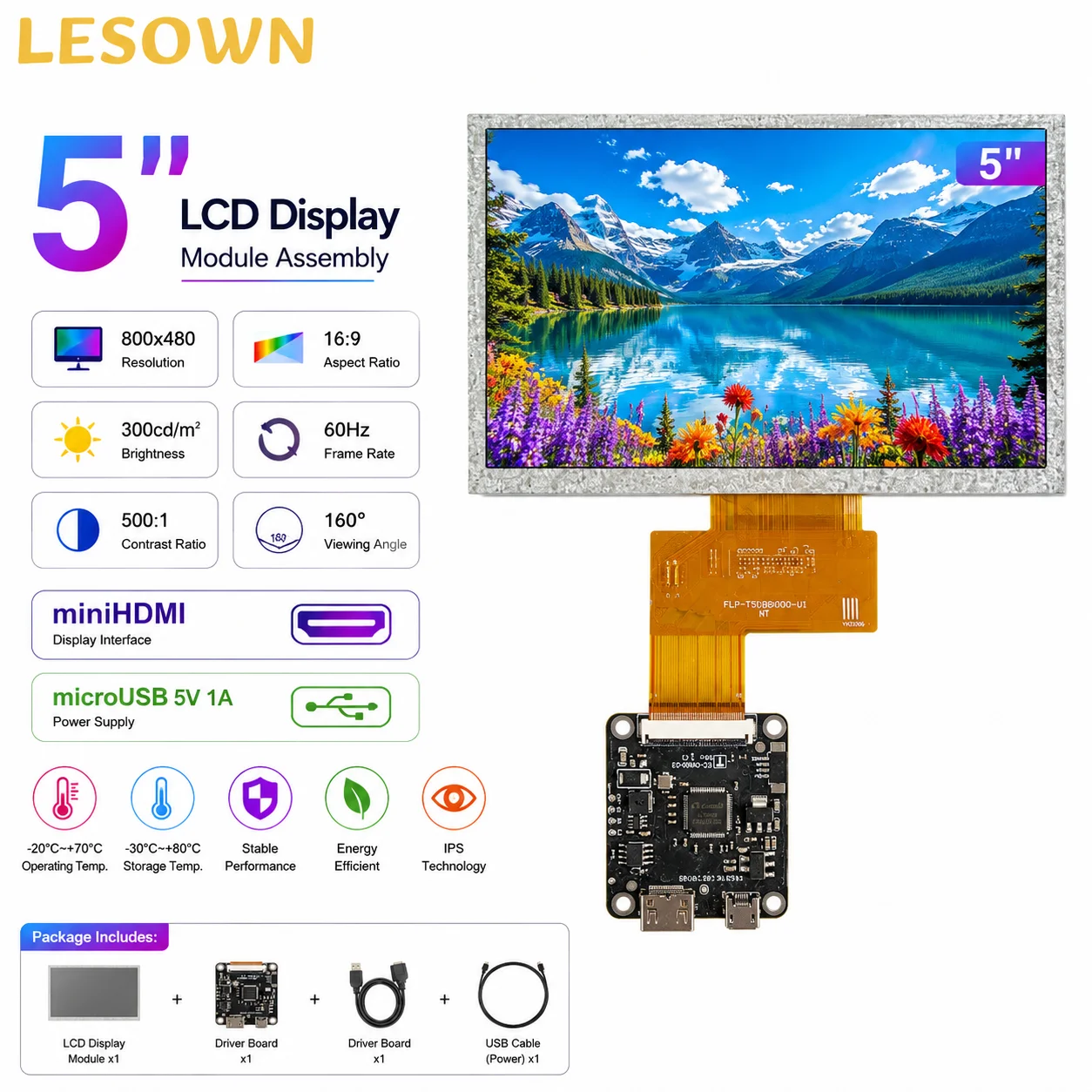 LESOWN Kit de Visualización 5 inch 800x480 Ready-to-Run TTL 40PIN Monitor with MicroUSB for Projects