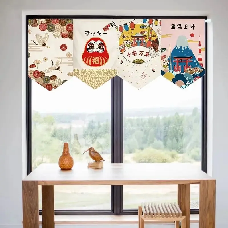 VIKAMA Japanese Lucky Cat Triangle Curtain Maneki Neko Carp Sakura Print Fabric Pennant Valance for Kitchen Window Decor