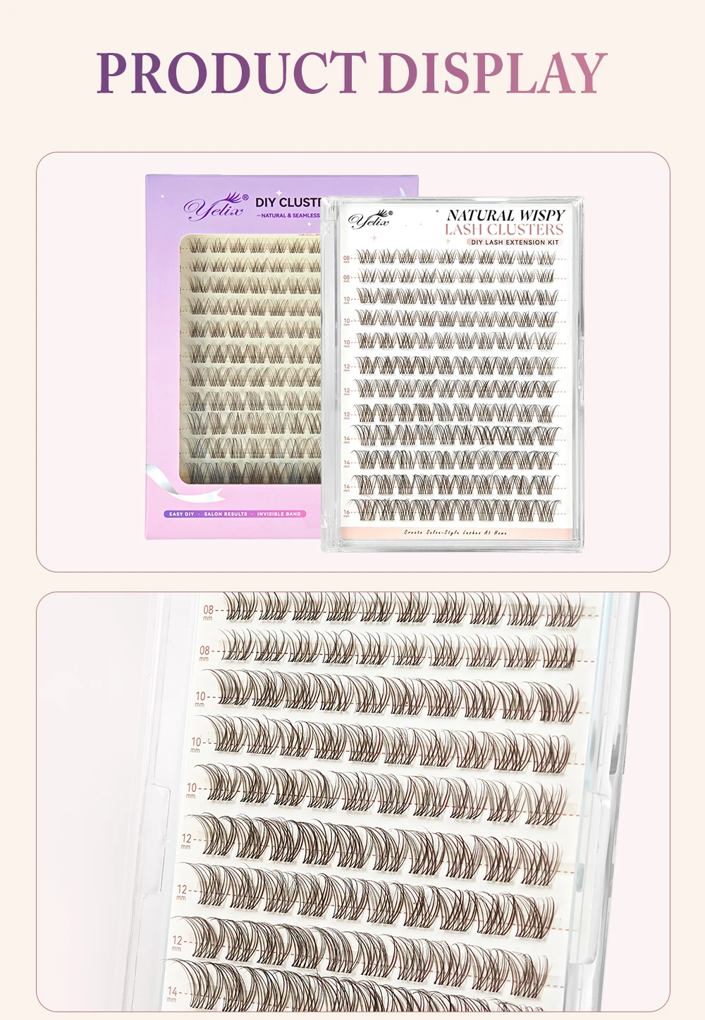 Yelix Natürliche Braune Wispy Cluster Wimpern Gemischt 8-16mm Unsichtbares Weiches Band DIY Wimpernverlängerungen für Heim- und Salongebrauch – Detail 9