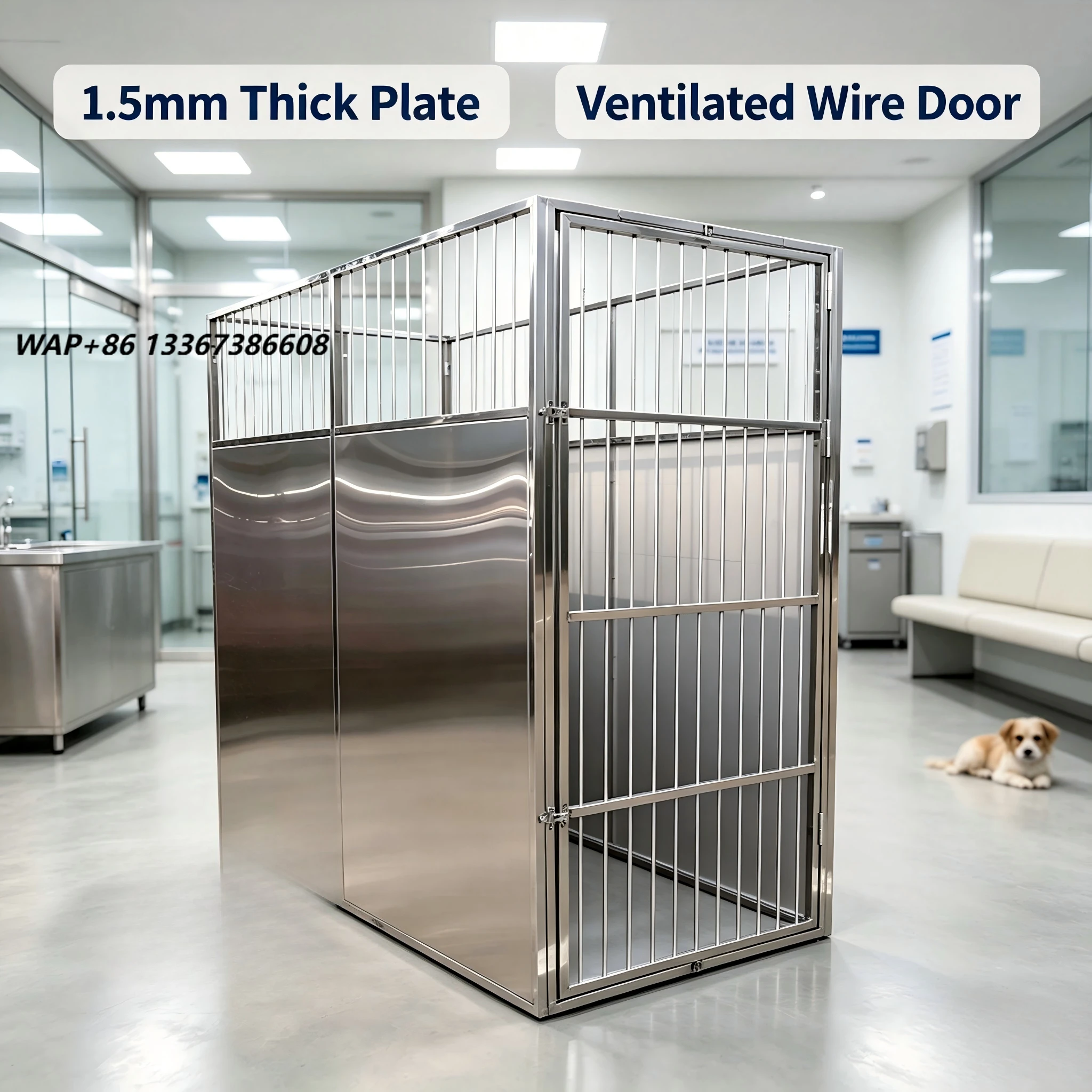 EUR VET Veterinary Equipment Heavy Duty Stainless Steel Multifunctional Indoor Pet Cage with Ventilated Mesh Door