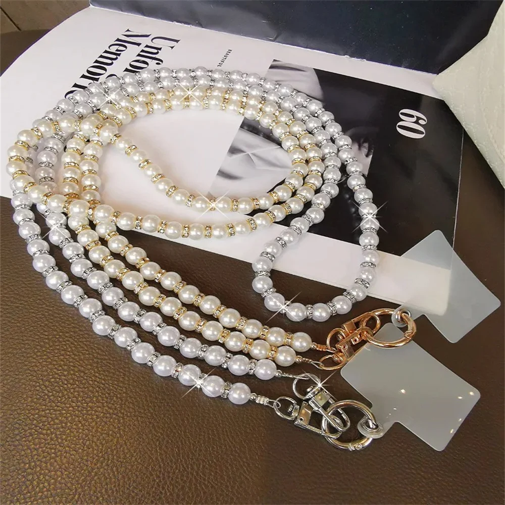 Long Pearl Phone Lanyard Handmade Bead Chain Single Shoulder Diagonal Cross Anti Drop Strap With Rhinestones For All Phone Cases