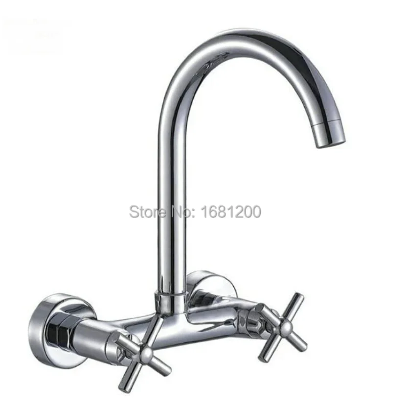 Imagem -02 - Acabamento Cromado de Parede Latão Sink Mixer Tap 2-handle Torneira Giratória Guindaste de Cozinha Hj0079