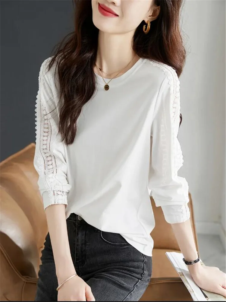 Cotton T-shirt Lace Top For Women Spliced Hollow Out Female Tshirts Simplicity White Blous Oneck Long Sleeve OL Lady Tees Tops