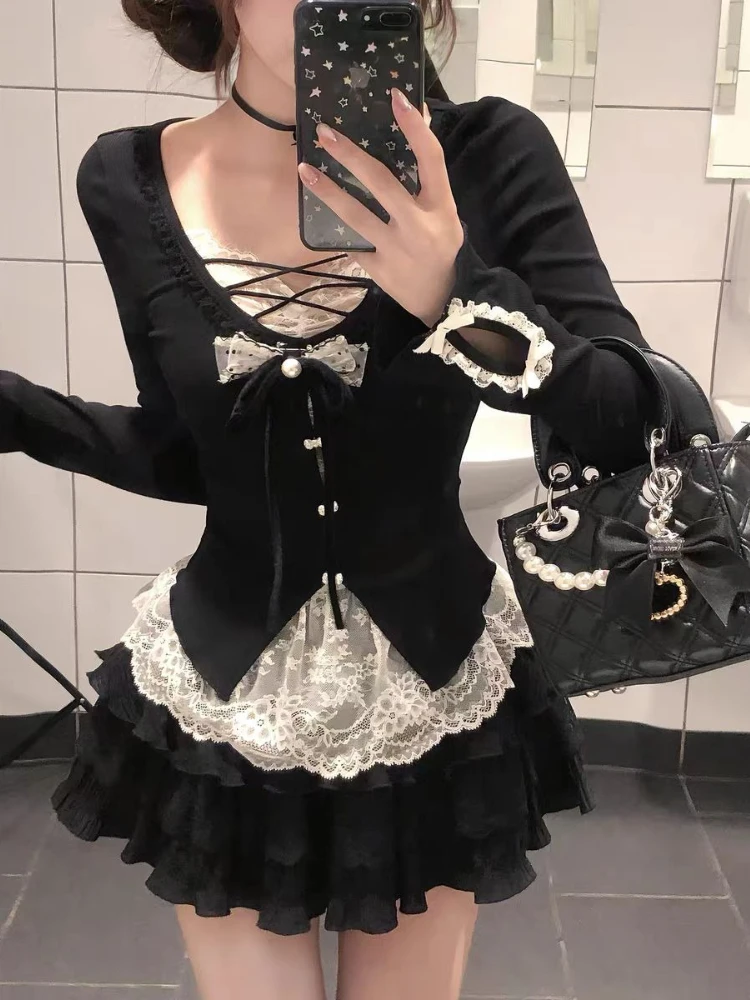 

Винтажный модный комплект из 2 предметов с длинными рукавами, женский комплект Y2k, сексуальный стиль, кружевное лоскутное платье с бантом, осенний горячий цыпленок, темный тонкий костюм, новый