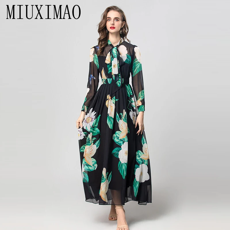 

MIUXIMAO 2025 Fall Dress Fashion Full Dress White Rose Flower Print Full Sleeve Long Dress Black Dress Women Vestides Bow