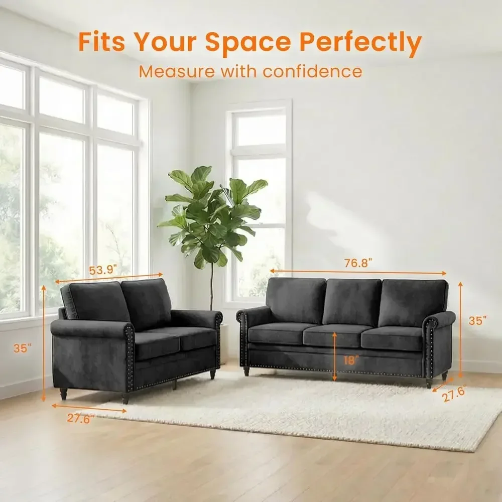 2 Piece Living Room Soa Set，Chenille Couch Set with NailTrim, ern Upholstered 5 Seat Sectional Soa Couch or Living Room/Aparent-