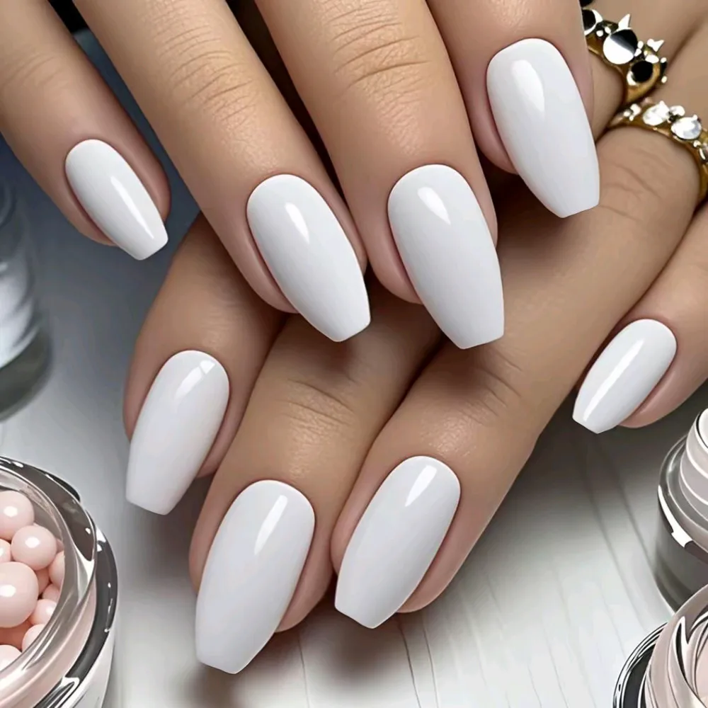 

48Pcs Shiny White Ballerina Coffin False Nails Short Artificial Fake Nails With Jelly Glue Full Cover Finger Tips Manicure Tool