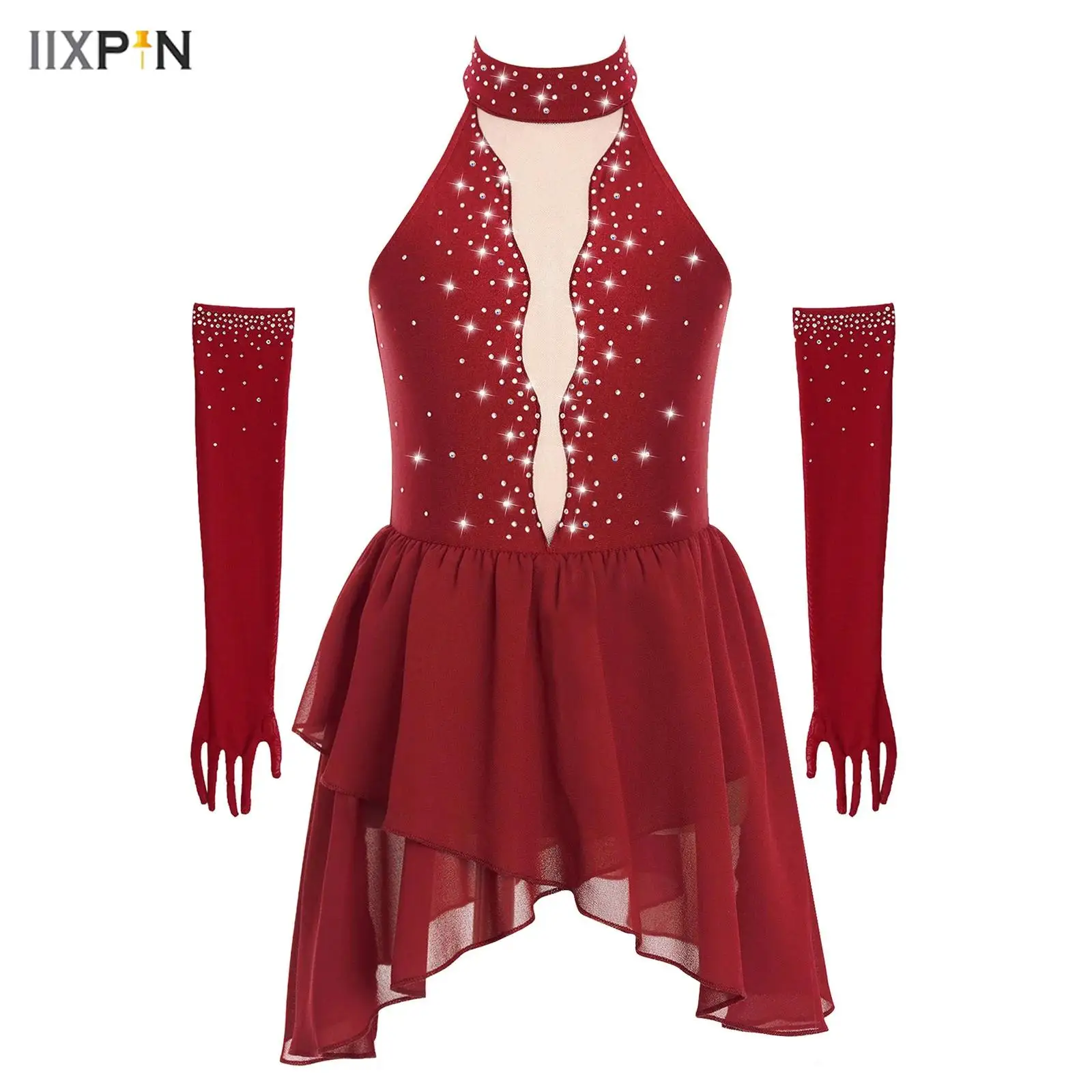 

Kids Girls Rhinestone Lyrical Dance Costume Sheer Mesh Patchwork Sleeveless Mock Neck rregular Hem Dress with Gloves 2Pcs/Set