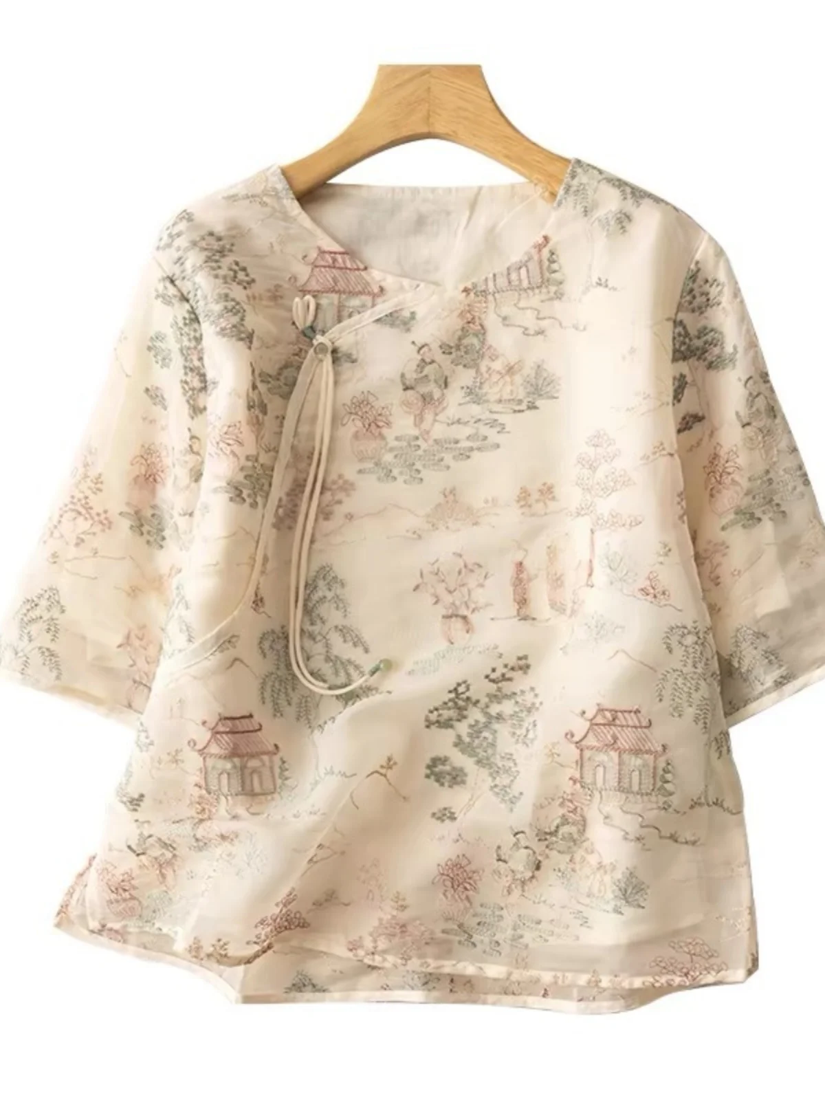 Ele besticktes irt chinesisches SLE-Top für Damen, neues Retro-Oberteil mit seitlichen Knöpfen, Sommer, Faion, Pendeln, lockere Passform, rund, neue...