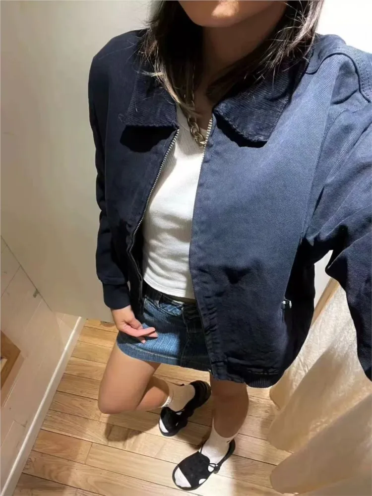 Vintage Navy Corduroy Cropped Zipper Thick Coats Women Turn Down Collar Preppy Style Jacket Harajuku Streetwear Chic Outerwear