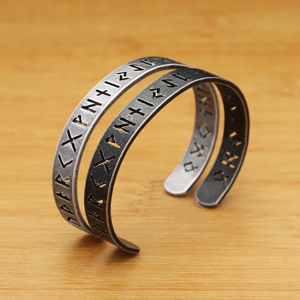 Vintage Stainless Steel Fashion Viking Runes Bracelet For Men Women Nordic Odin Letter Cuff Bangles Amulet Jewelry Dropshipping