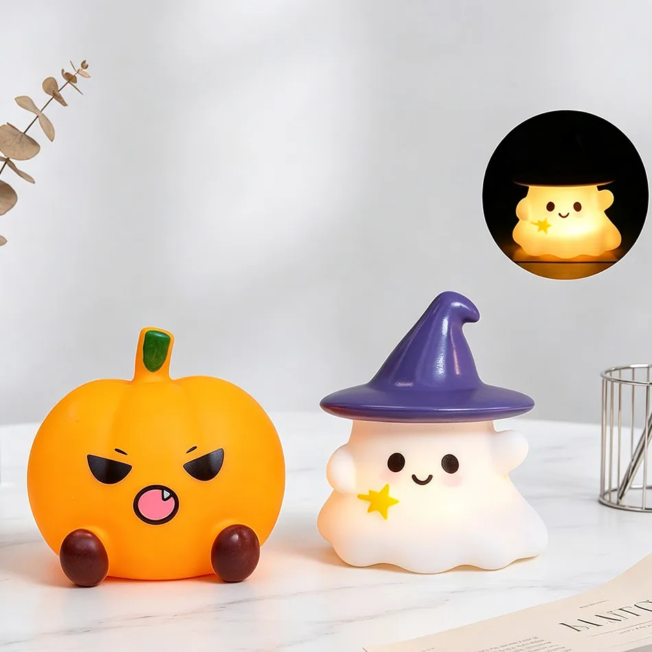 Kawaii Witch Ghost Pumpkin Silicone Nightlight Cute Character Figure Light Desktop Decor Halloween Party Gift Bedroom Decor