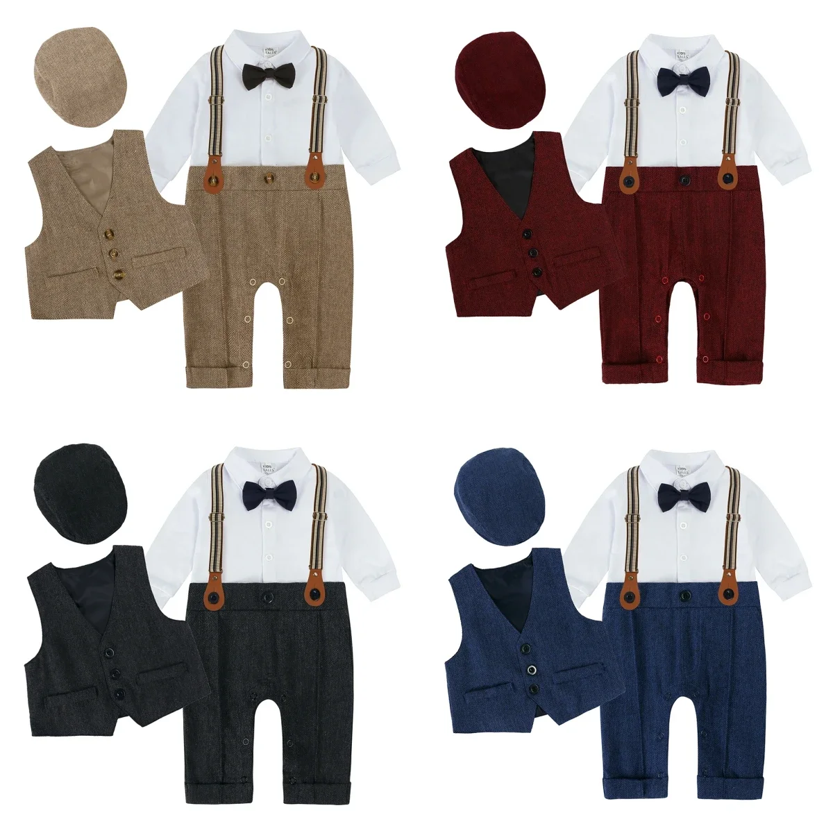 Baby Boy Gentleman Suit Spring Newborn Birthday Outfit Infant One-piece Jumpsuit+Beret+Bowtie+Suspender Toddler Costume Clothes