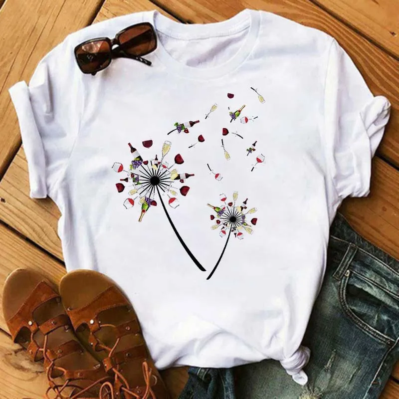 Roupas de manga curta casual senhoras roupas camiset engraçado copo de vinho impresso t camisa feminina roupas estéticas