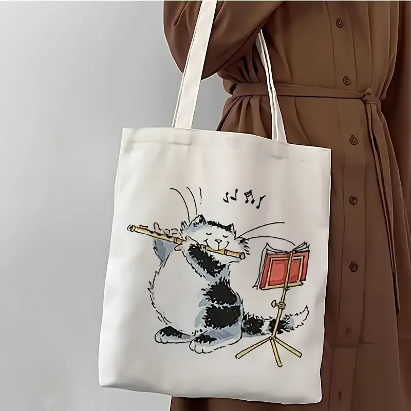Cat Playing Music Canvas Tote Bags Large Capacity Durable HandBag for Women Shopping Work Study Daily Use Trendy Fashion