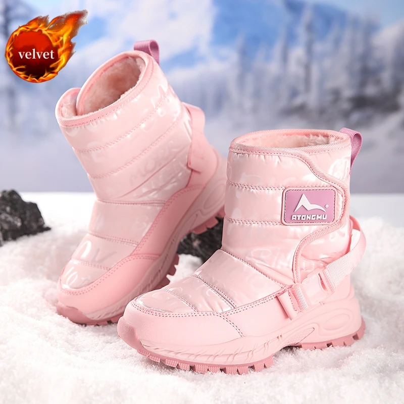 

Fashion Pink Children Snows Boots Winter Warm Plush Boots Fur Kids Waterproof Non-slip Outdoor Boots For Girls High Top Shoes