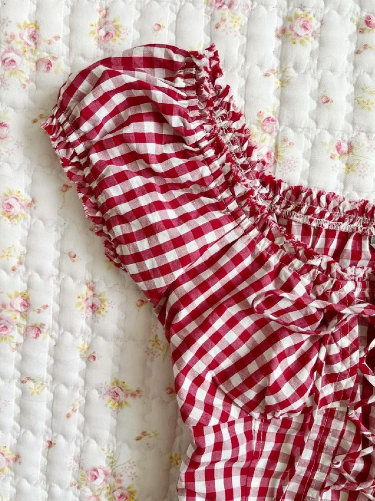 الفرنسية الأحمر منقوشة موضة سليم نفخة كم بلايز المرأة الجديدة الدانتيل يصل الحلو ريترو تي شيرت على طراز هاراجوكو الجمالية خمر صالح شيك الملابس