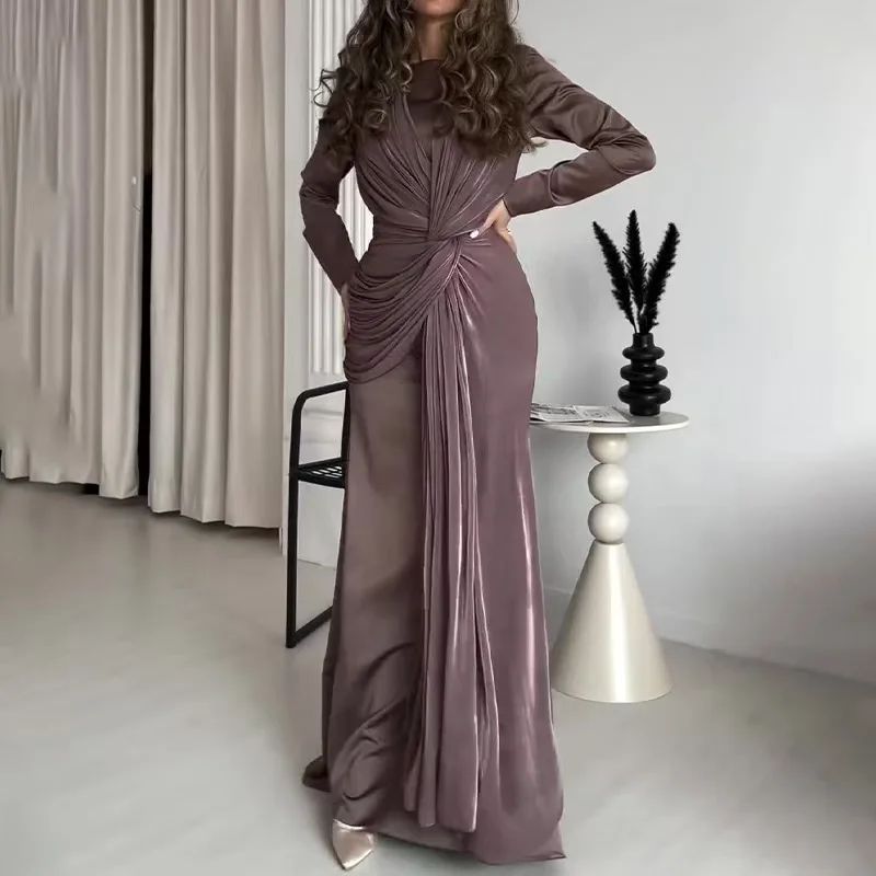 Elegancka sukienka imprezowa O Neck Fashion Tie-up High Waist Slim Party Dress Wome Solid Color Wrinkles Lady Chic Evening Gown 2025 Odzież damska — zdjęcie 6