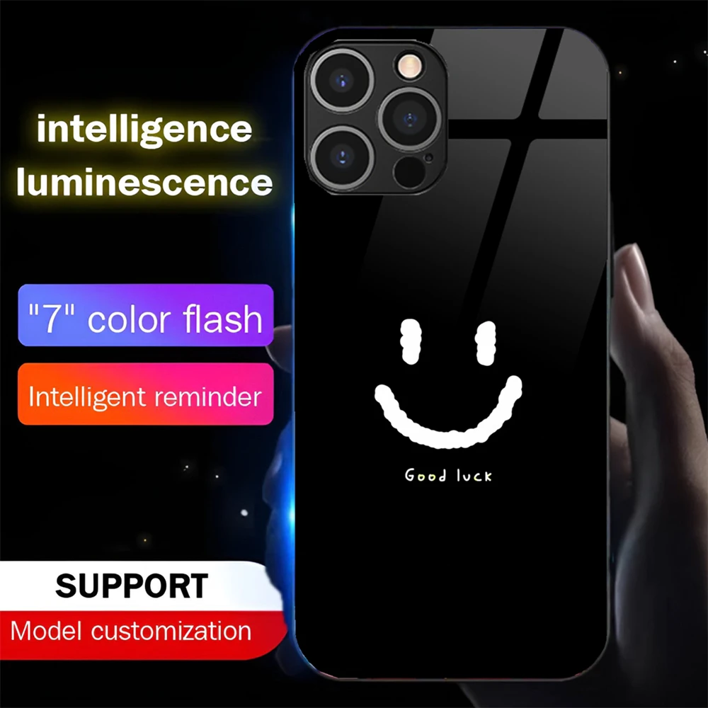 

Lovely Smile Cartoon Smart LED Light Glow Tempered Glass Phone Case For iPhone Air 17 E 16 E 15 14 13 12 11 Pro Max Plus